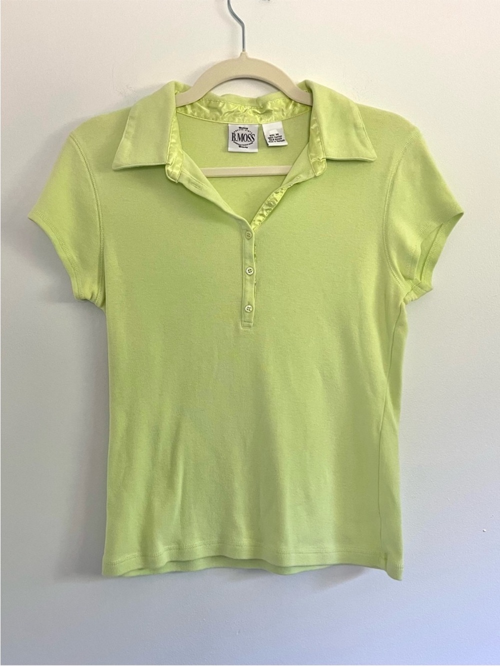 B. Moss Y2K Lime Green Short Sleeve Polo Top Satin Trim Minimalist Preppy Vtg M